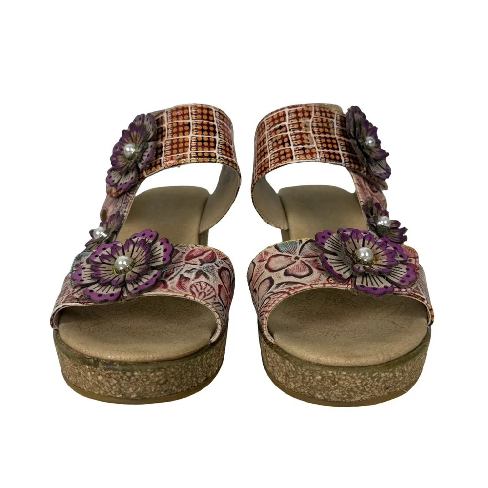 L'artiste Radd Geo Prm Wedge Sandals Heels Multicolor Leather Flower Sz 38/7.5-8